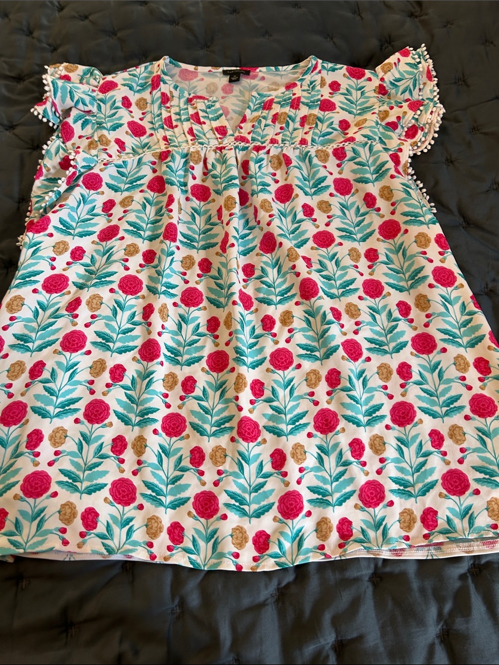 Ann Taylor Floral Pintuck V-Neck Blouse - Pink, Teal & Gold Accents